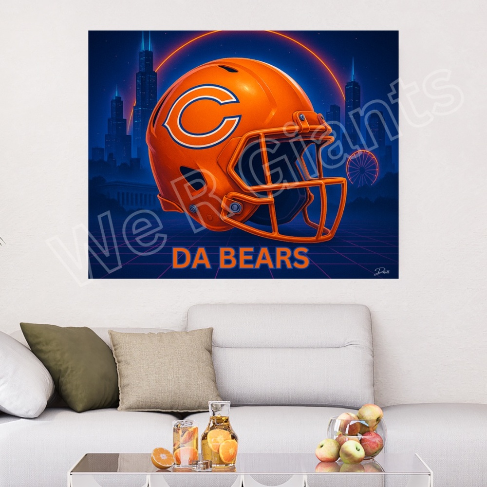 20x16 Chicago Bears Inspired Football Helmet Art Print Night Skyline Wall Deco